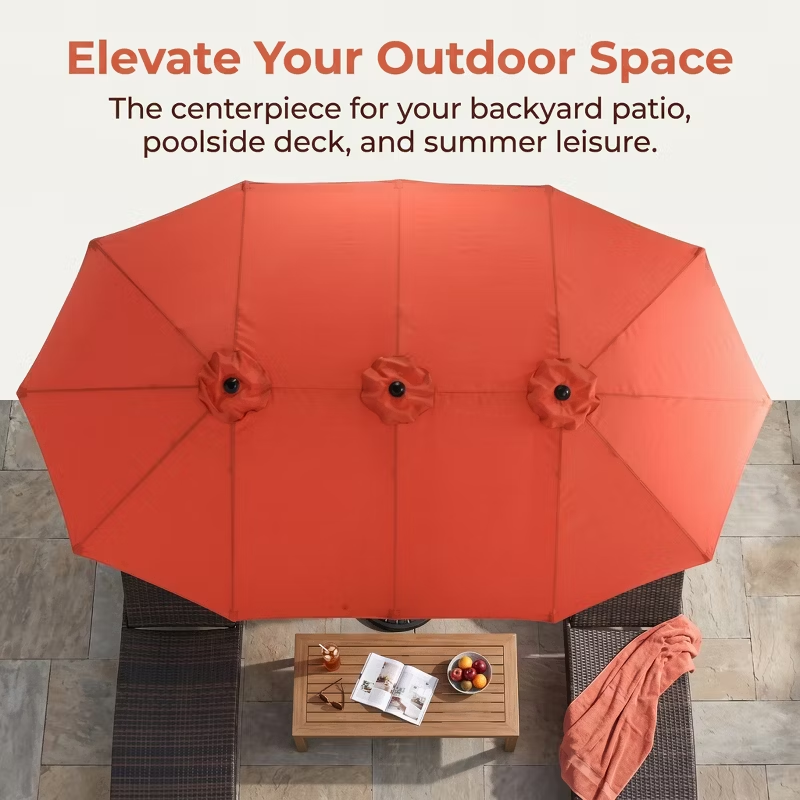 14.8ft Double-Sided Rectangular Outdoor Umbrella with Crank, Great Gift for Backyard, Patio, Poolside, Perfect Shade for Dining, BBQs (No Base)