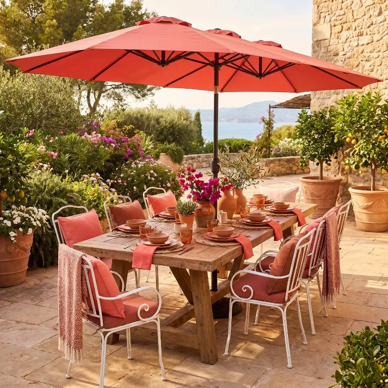 14.8ft Double-Sided Rectangular Outdoor Umbrella with Crank, Great Gift for Backyard, Patio, Poolside, Perfect Shade for Dining, BBQs (No Base)