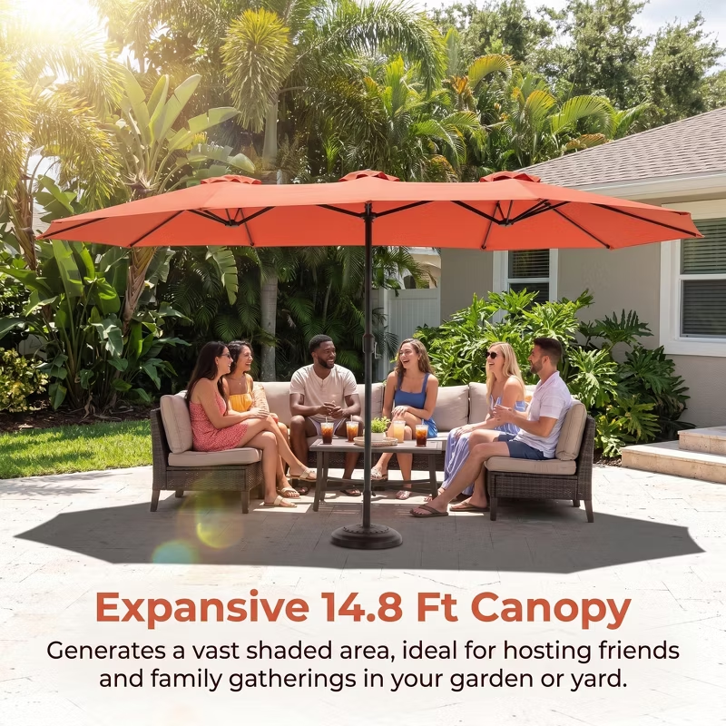 14.8ft Double-Sided Rectangular Outdoor Umbrella with Crank, Great Gift for Backyard, Patio, Poolside, Perfect Shade for Dining, BBQs (No Base)