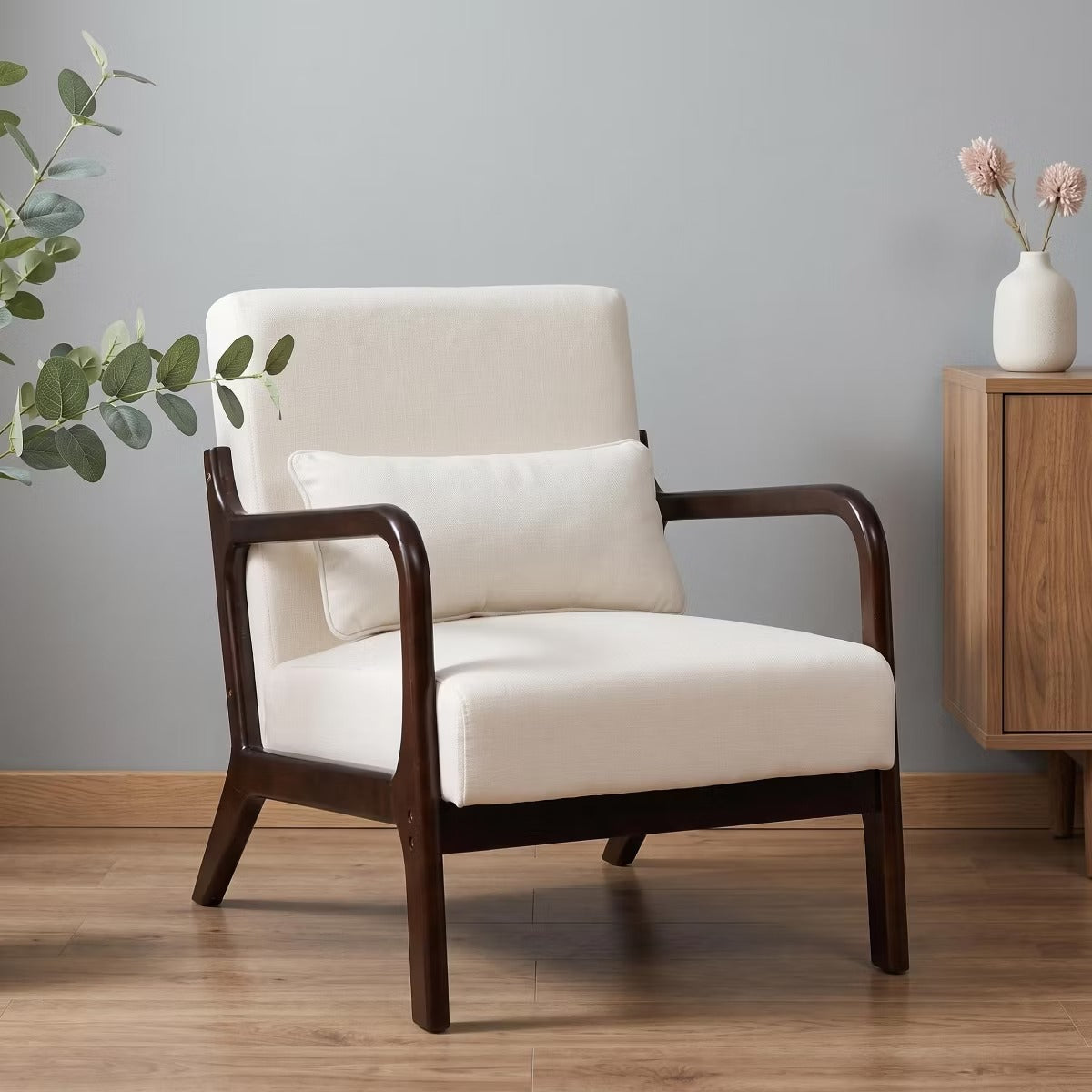 Upholstered Accent Armchair with Solid Wood Frame, Navy Blue & Lumbar Pillow