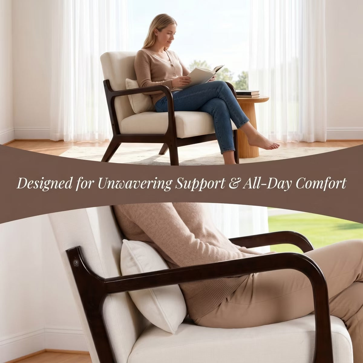 Upholstered Accent Armchair with Solid Wood Frame, Navy Blue & Lumbar Pillow