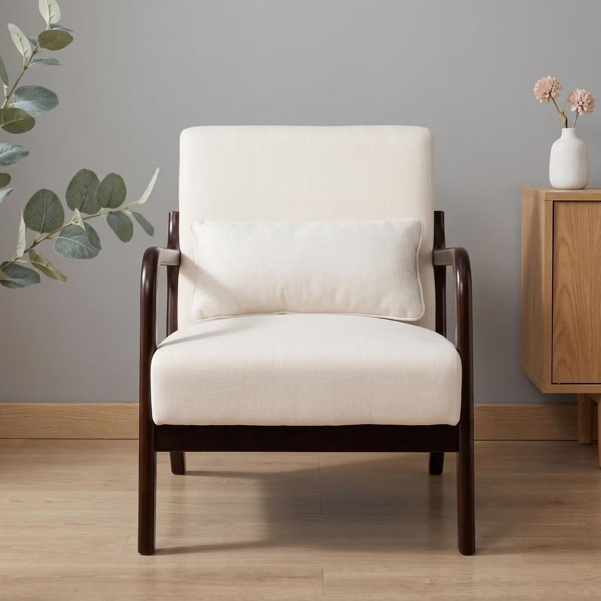Upholstered Accent Armchair with Solid Wood Frame, Navy Blue & Lumbar Pillow