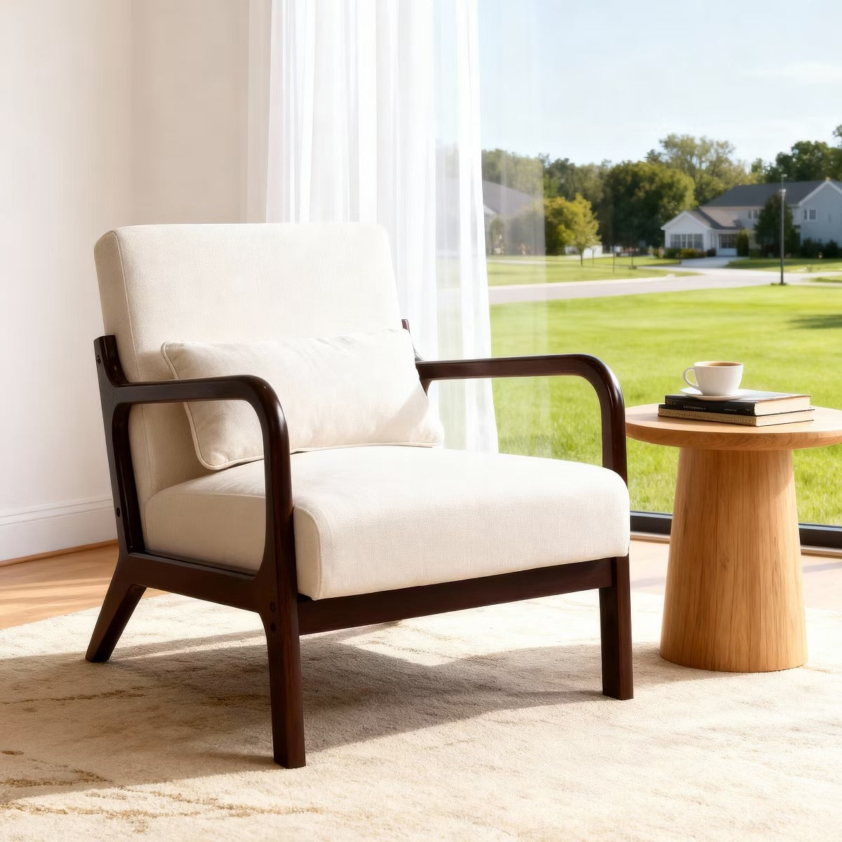 Upholstered Accent Armchair with Solid Wood Frame, Navy Blue & Lumbar Pillow