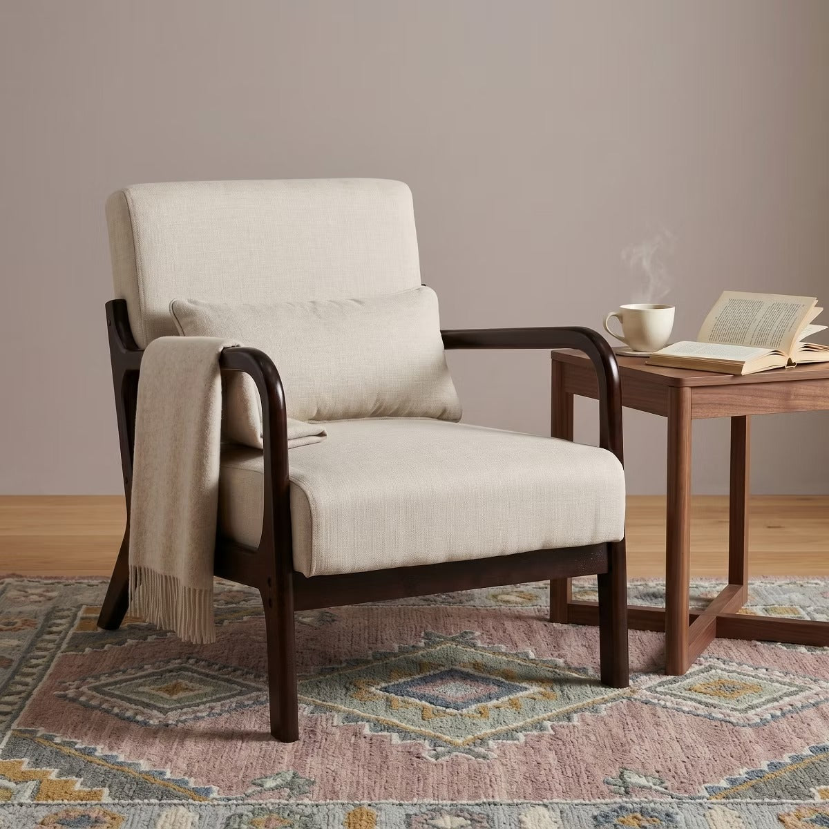 Upholstered Accent Armchair with Solid Wood Frame, Navy Blue & Lumbar Pillow