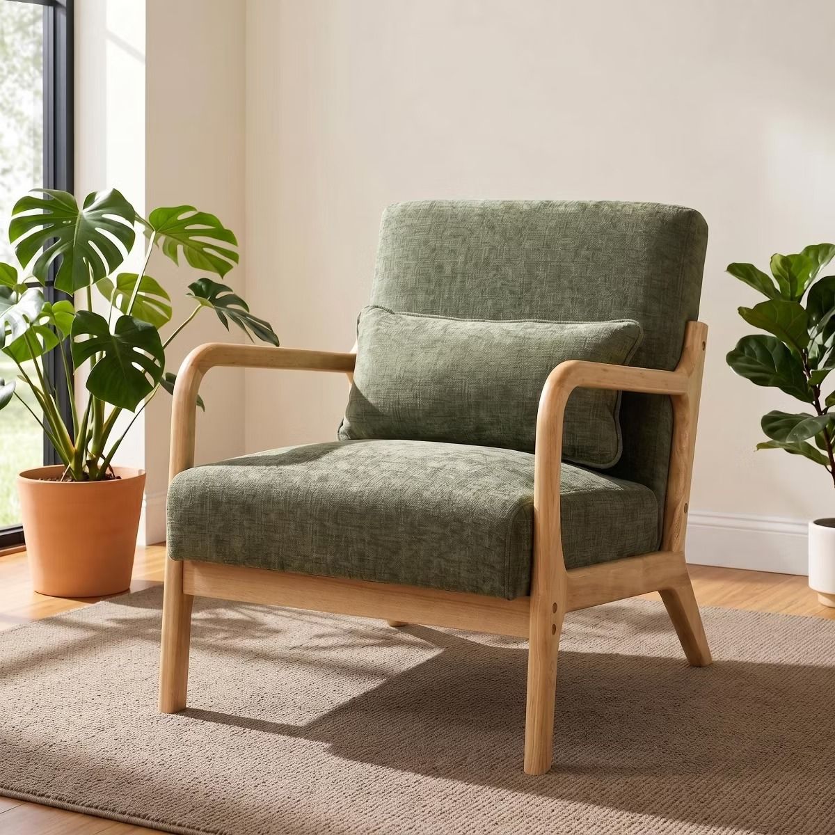 Upholstered Accent Armchair with Solid Wood Frame, Navy Blue & Lumbar Pillow