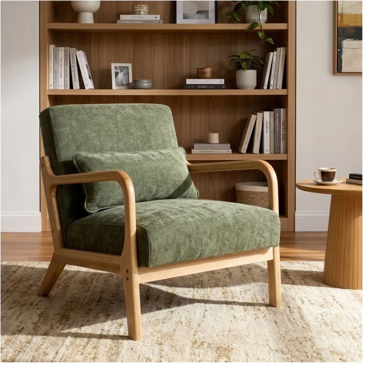 Upholstered Accent Armchair with Solid Wood Frame, Navy Blue & Lumbar Pillow