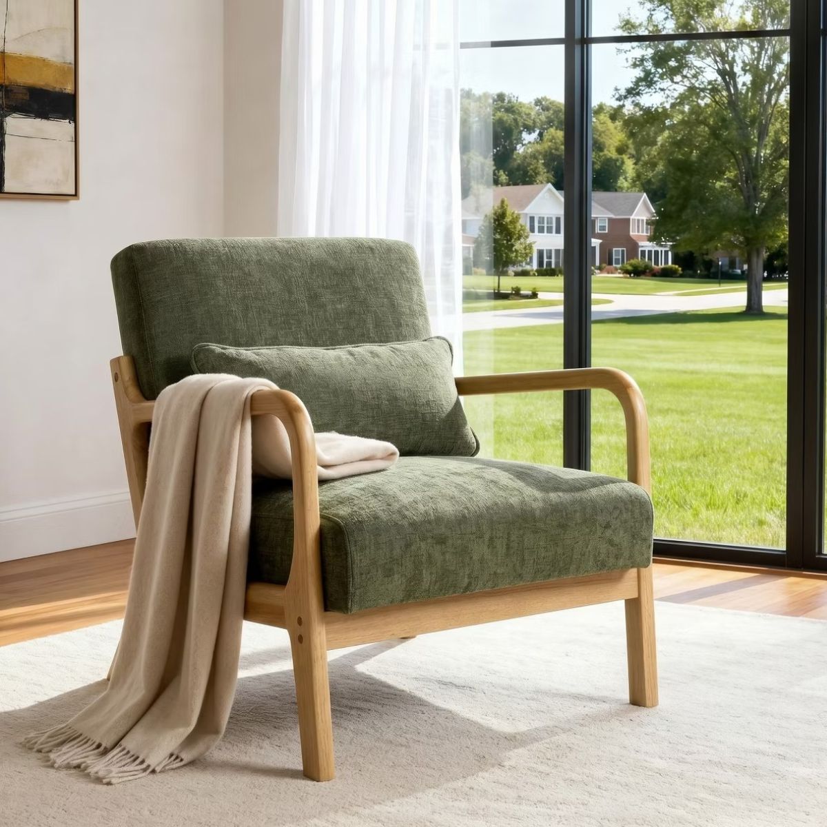 Upholstered Accent Armchair with Solid Wood Frame, Navy Blue & Lumbar Pillow