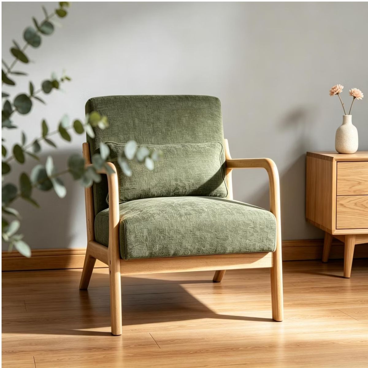 Upholstered Accent Armchair with Solid Wood Frame, Navy Blue & Lumbar Pillow