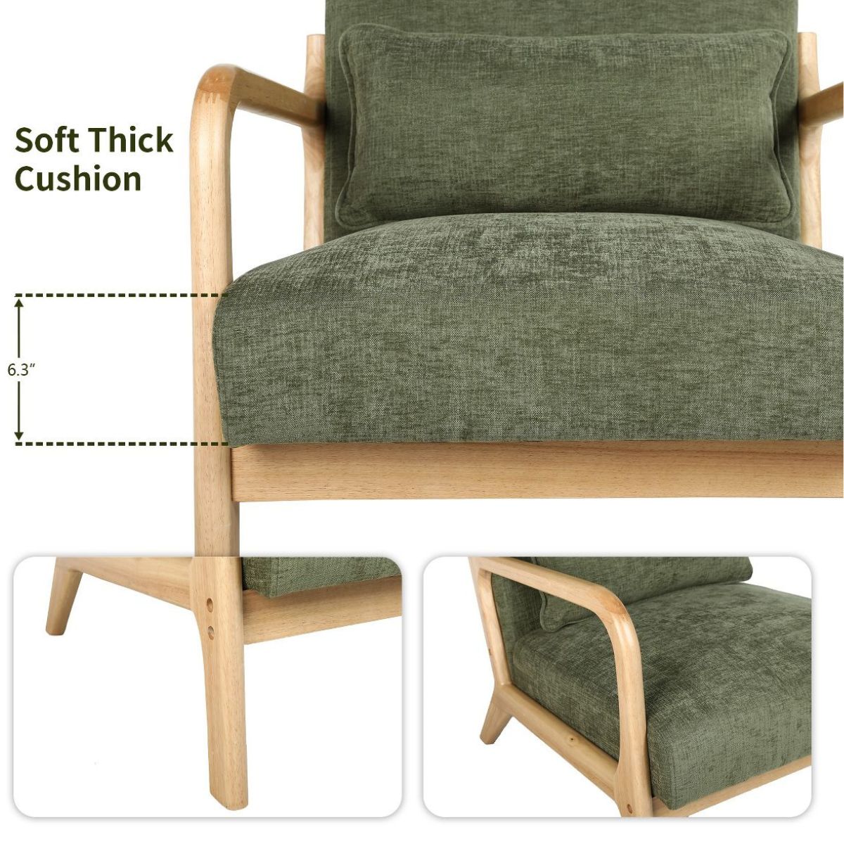 Upholstered Accent Armchair with Solid Wood Frame, Navy Blue & Lumbar Pillow