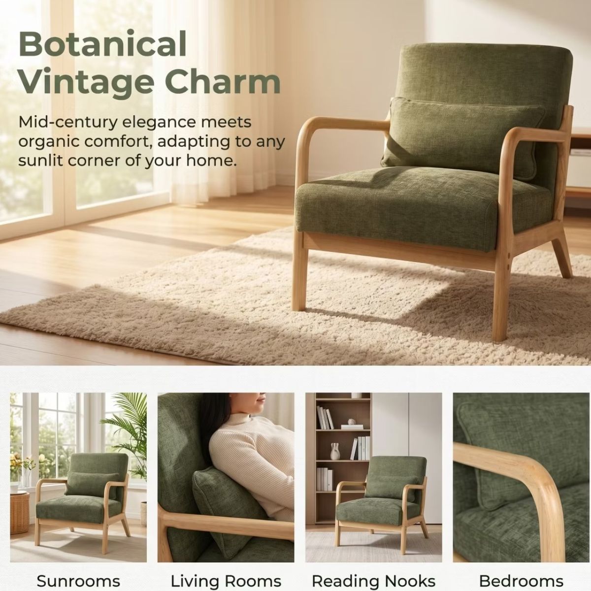 Upholstered Accent Armchair with Solid Wood Frame, Navy Blue & Lumbar Pillow