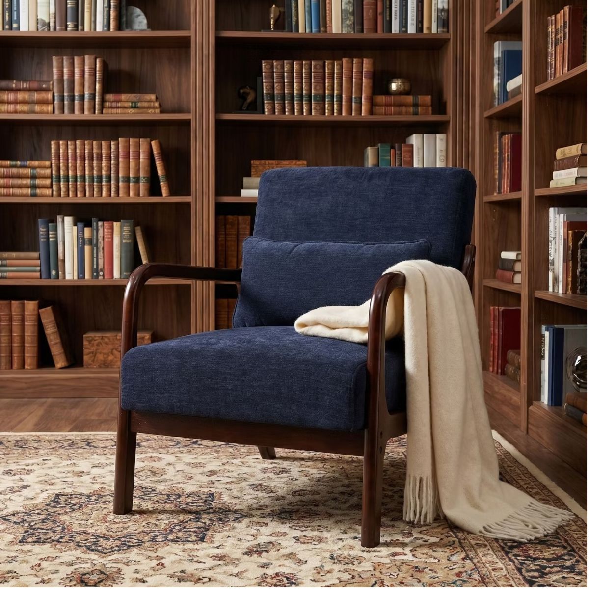 Upholstered Accent Armchair with Solid Wood Frame, Navy Blue & Lumbar Pillow