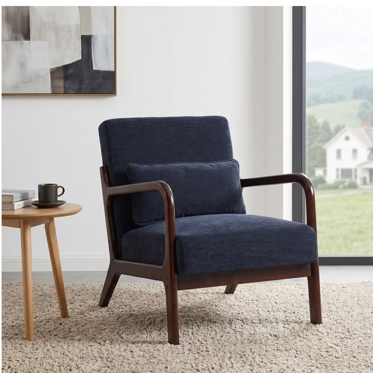 Upholstered Accent Armchair with Solid Wood Frame, Navy Blue & Lumbar Pillow