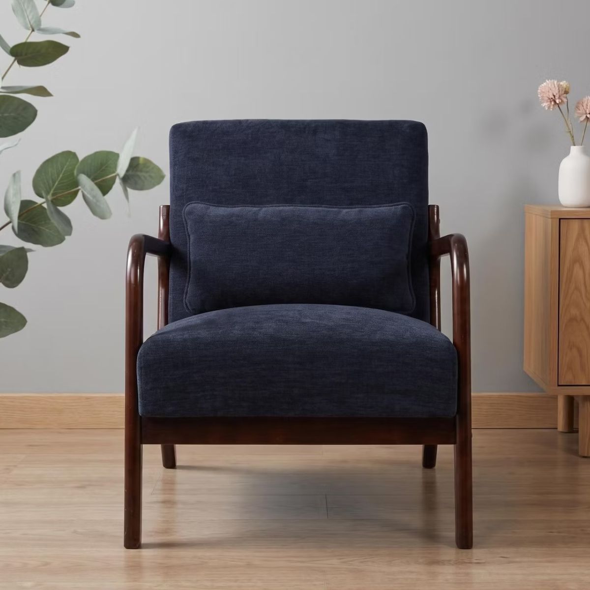 Upholstered Accent Armchair with Solid Wood Frame, Navy Blue & Lumbar Pillow