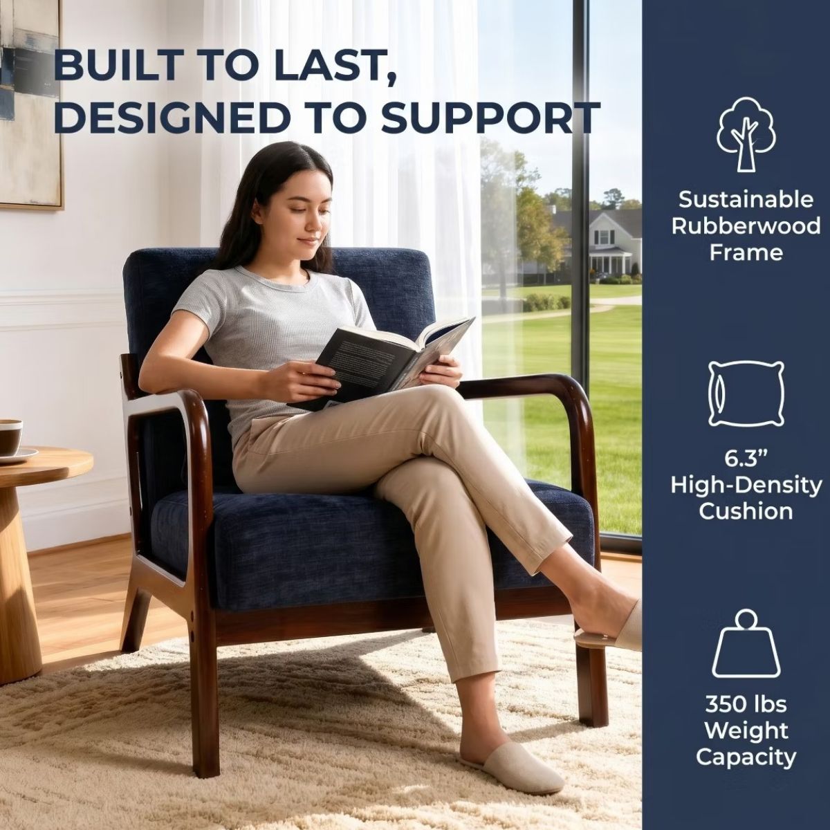 Upholstered Accent Armchair with Solid Wood Frame, Navy Blue & Lumbar Pillow