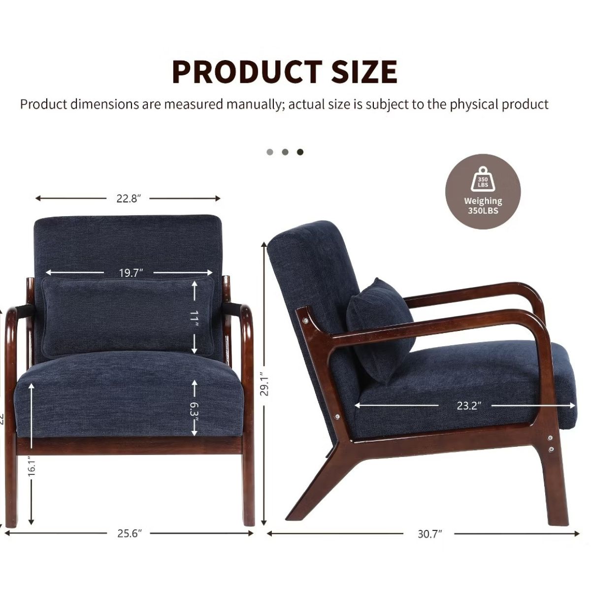 Upholstered Accent Armchair with Solid Wood Frame, Navy Blue & Lumbar Pillow