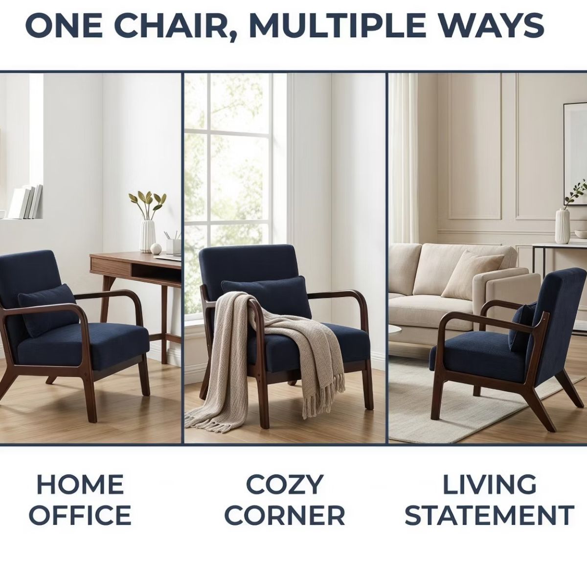 Upholstered Accent Armchair with Solid Wood Frame, Navy Blue & Lumbar Pillow
