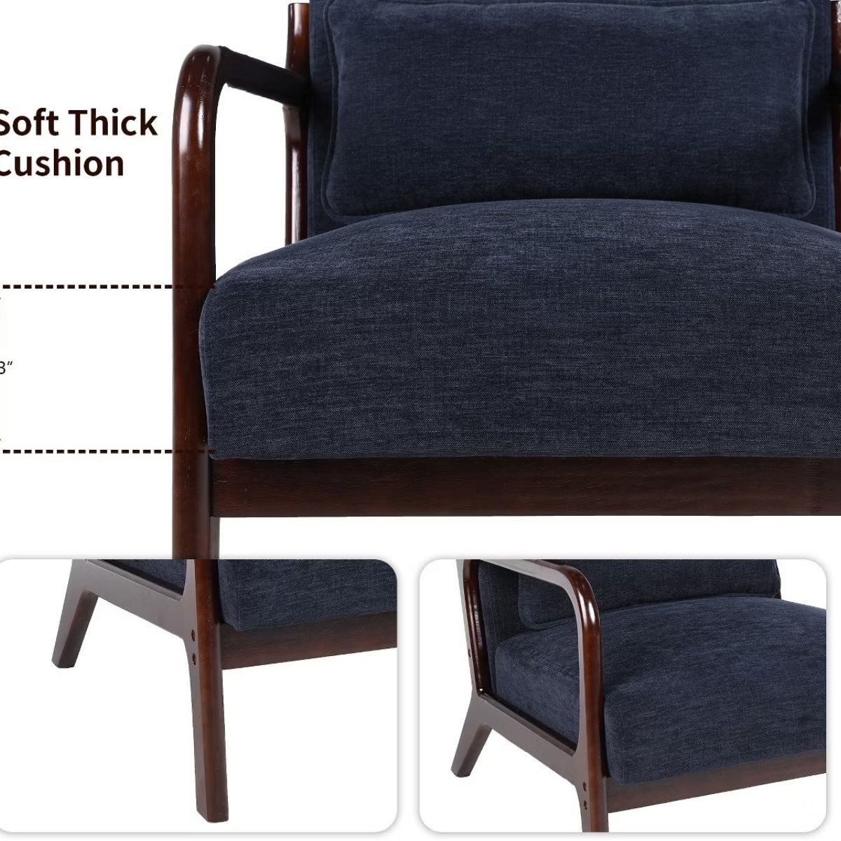 Upholstered Accent Armchair with Solid Wood Frame, Navy Blue & Lumbar Pillow