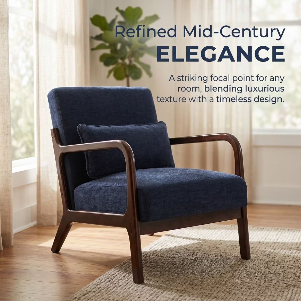 Upholstered Accent Armchair with Solid Wood Frame, Navy Blue & Lumbar Pillow