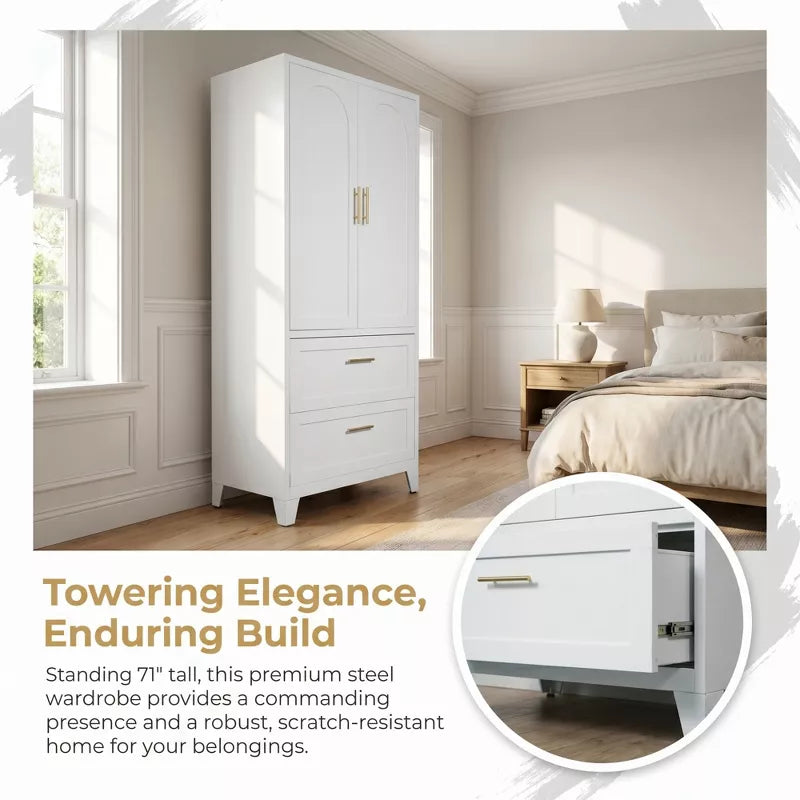 60" -71" Tall Metal Wardrobe Cabinet with Drawers, Adjustable Shelf & Hanging Rod, White Steel Storage for Bedroom Office Laundry