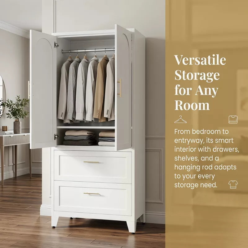 60" -71" Tall Metal Wardrobe Cabinet with Drawers, Adjustable Shelf & Hanging Rod, White Steel Storage for Bedroom Office Laundry