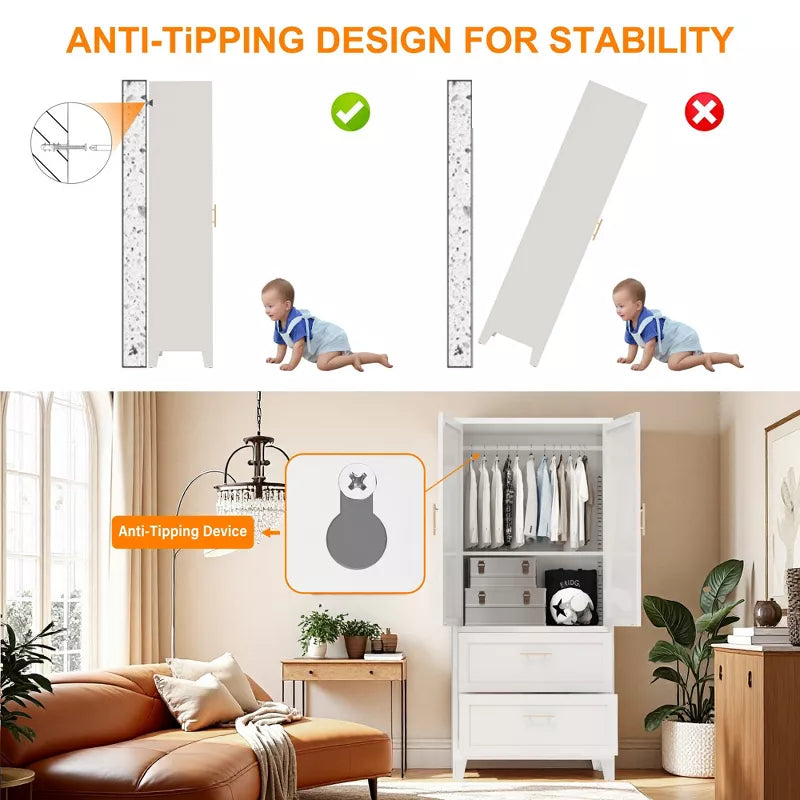 60" -71" Tall Metal Wardrobe Cabinet with Drawers, Adjustable Shelf & Hanging Rod, White Steel Storage for Bedroom Office Laundry