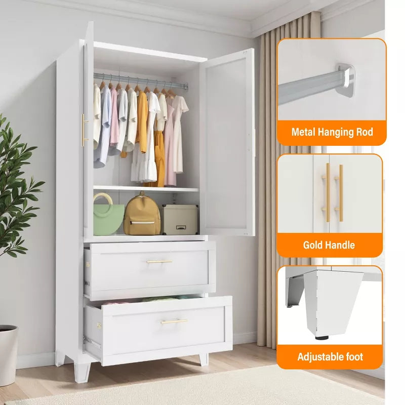 60" -71" Tall Metal Wardrobe Cabinet with Drawers, Adjustable Shelf & Hanging Rod, White Steel Storage for Bedroom Office Laundry