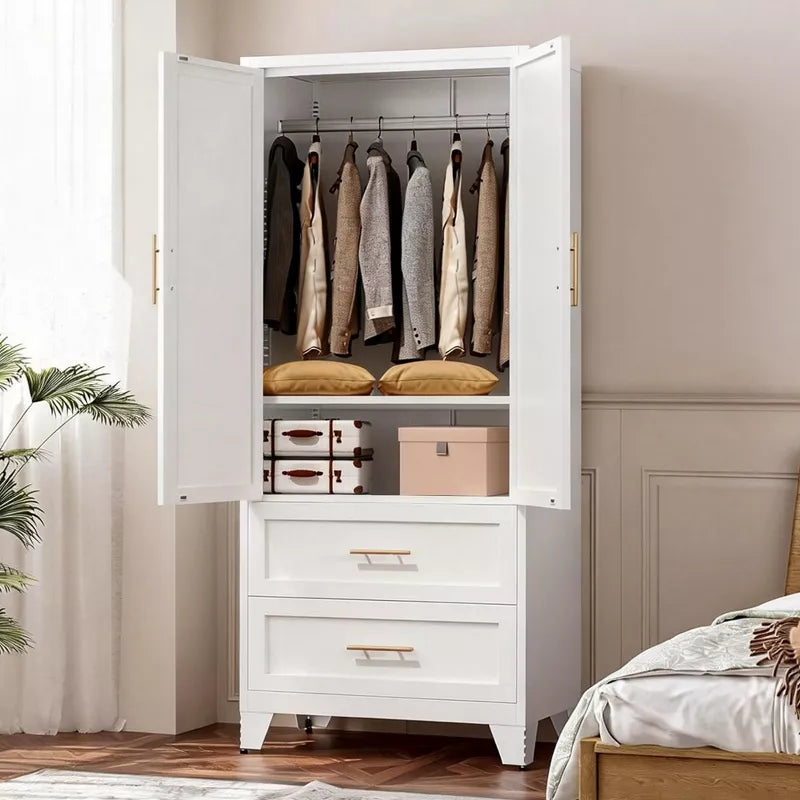 60" -71" Tall Metal Wardrobe Cabinet with Drawers, Adjustable Shelf & Hanging Rod, White Steel Storage for Bedroom Office Laundry