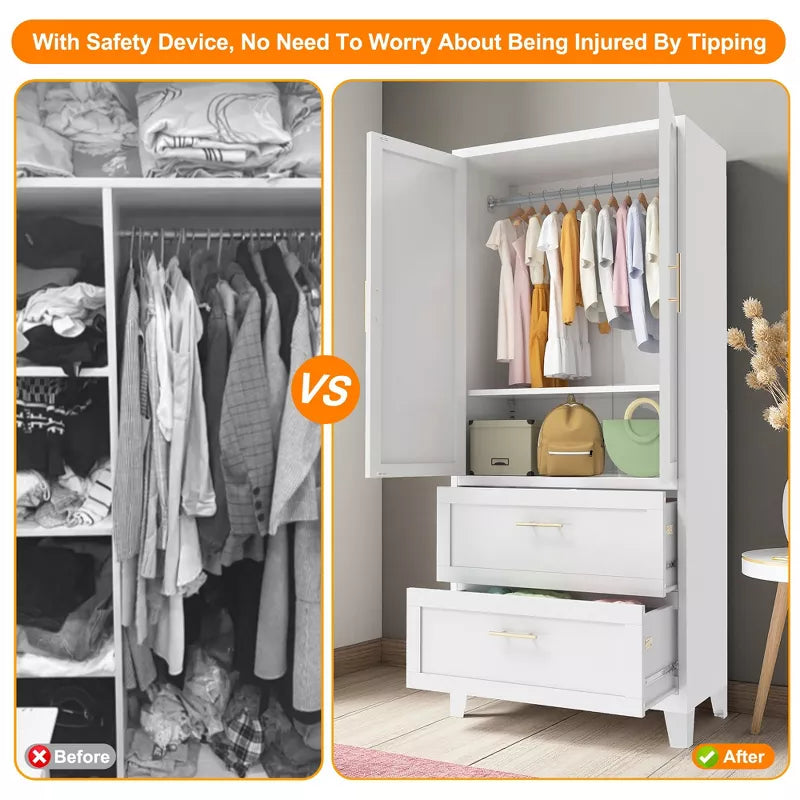 60" -71" Tall Metal Wardrobe Cabinet with Drawers, Adjustable Shelf & Hanging Rod, White Steel Storage for Bedroom Office Laundry