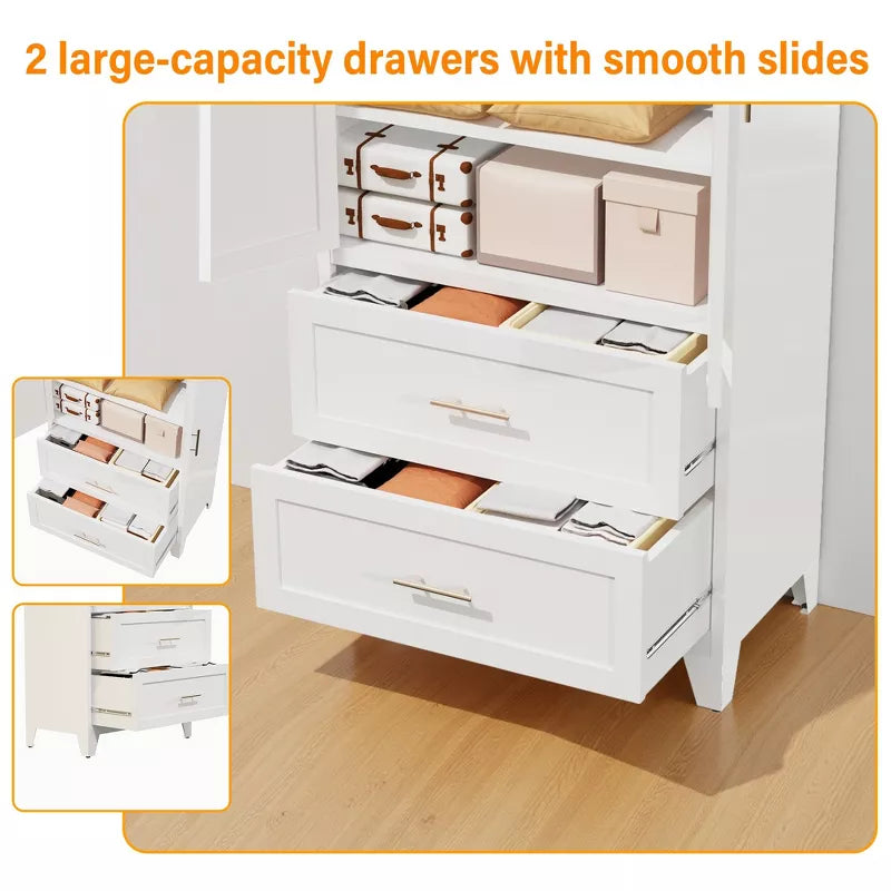 60" -71" Tall Metal Wardrobe Cabinet with Drawers, Adjustable Shelf & Hanging Rod, White Steel Storage for Bedroom Office Laundry