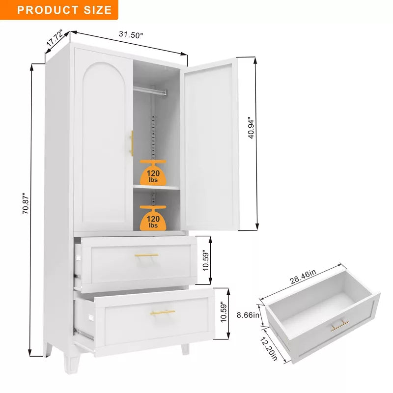 60" -71" Tall Metal Wardrobe Cabinet with Drawers, Adjustable Shelf & Hanging Rod, White Steel Storage for Bedroom Office Laundry