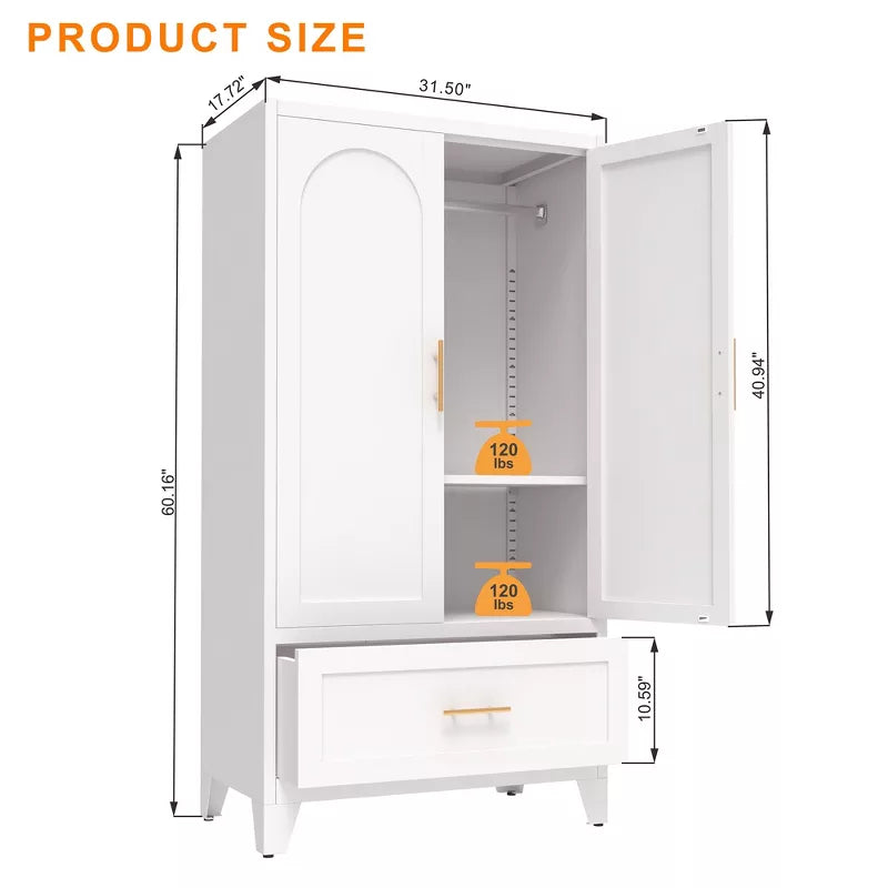 60" -71" Tall Metal Wardrobe Cabinet with Drawers, Adjustable Shelf & Hanging Rod, White Steel Storage for Bedroom Office Laundry