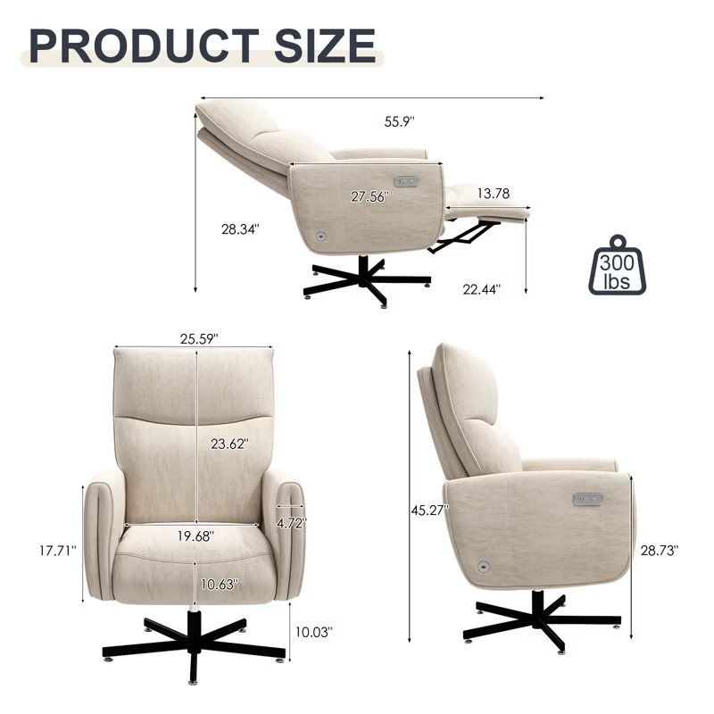 Power Swivel Recliner Chair Electric Reclining with USB & Type-C Charging 360° Swivel Velvet Accent Chair for Home Office Living Room 1pc