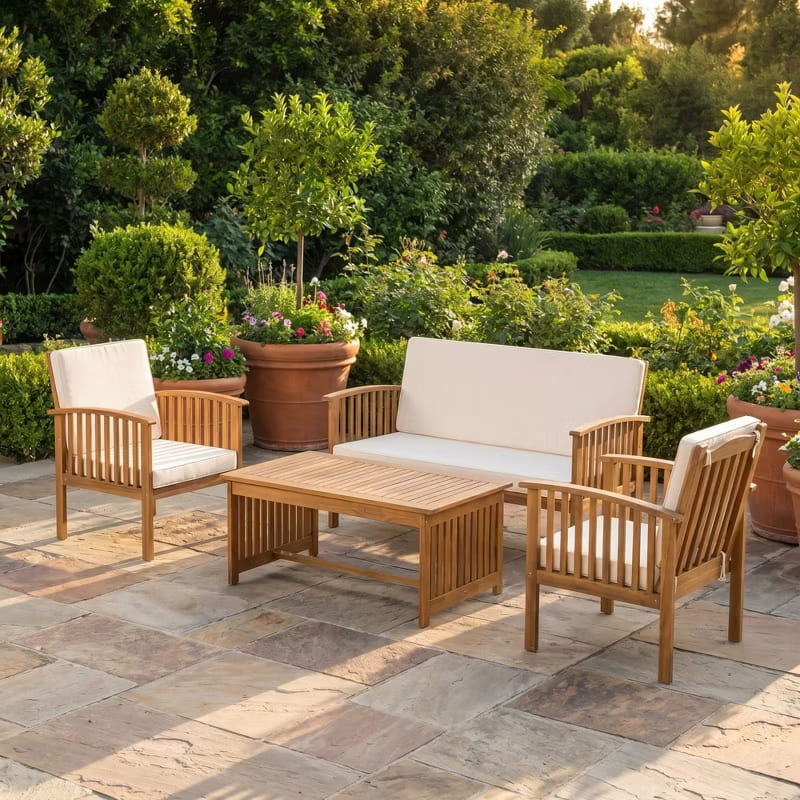 4PC Acacia Wood Outdoor Furniture Set – 2 Chairs, Loveseat & Coffee Table