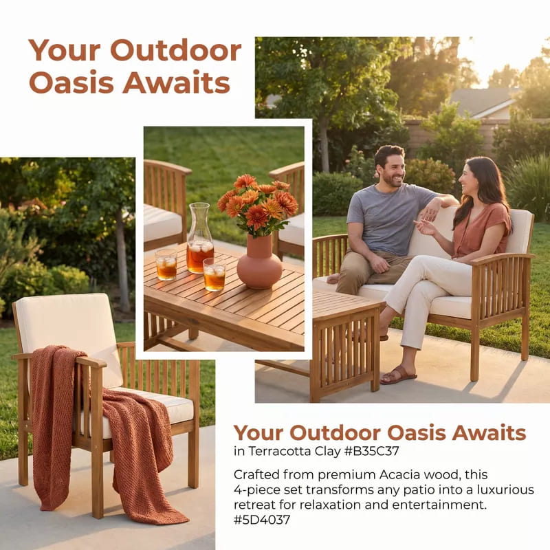 4PC Acacia Wood Outdoor Furniture Set – 2 Chairs, Loveseat & Coffee Table
