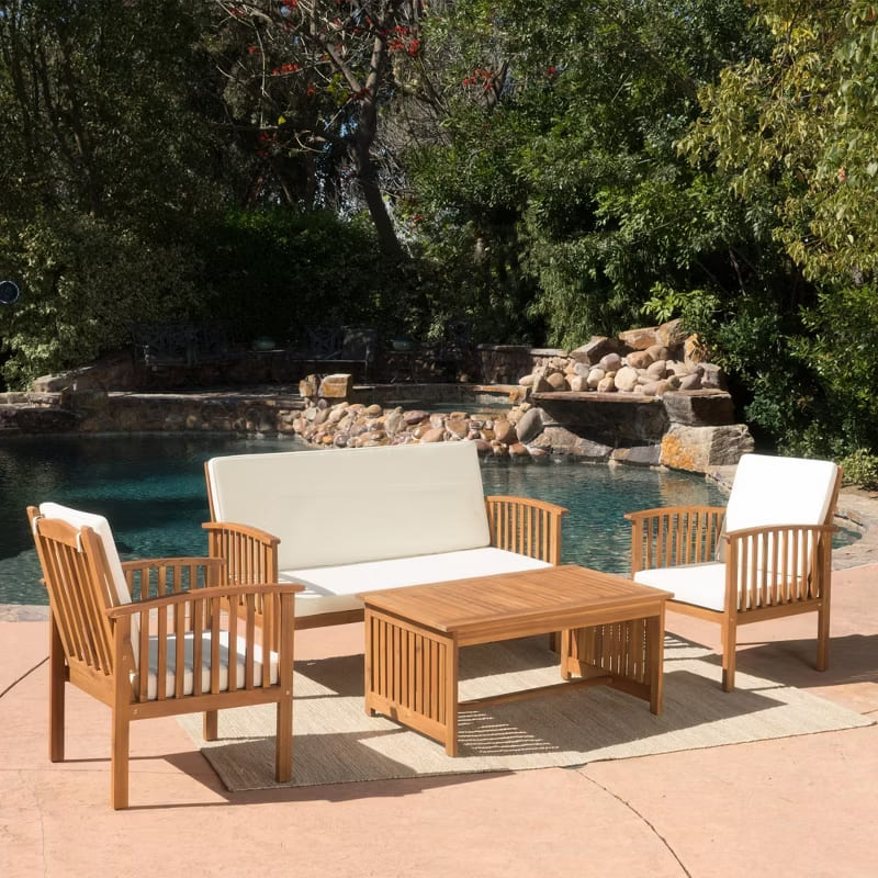 4PC Acacia Wood Outdoor Furniture Set – 2 Chairs, Loveseat & Coffee Table