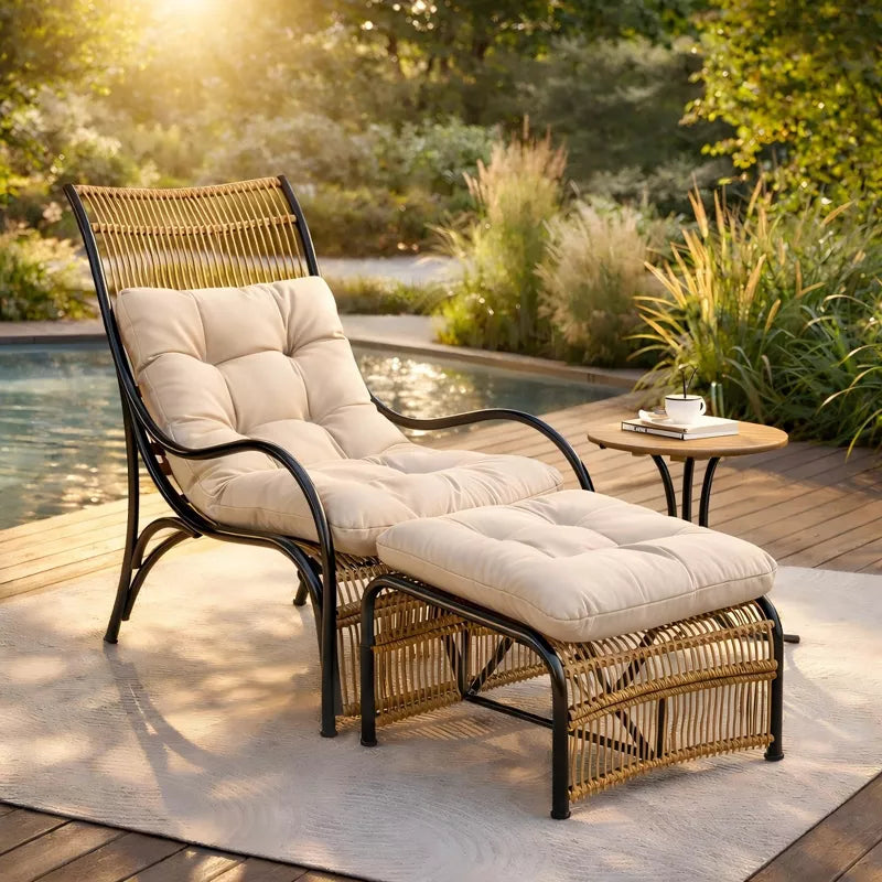 Outdoor Patio Lounge Set with Ottoman & Side Table, Wicker Chair with Cushions