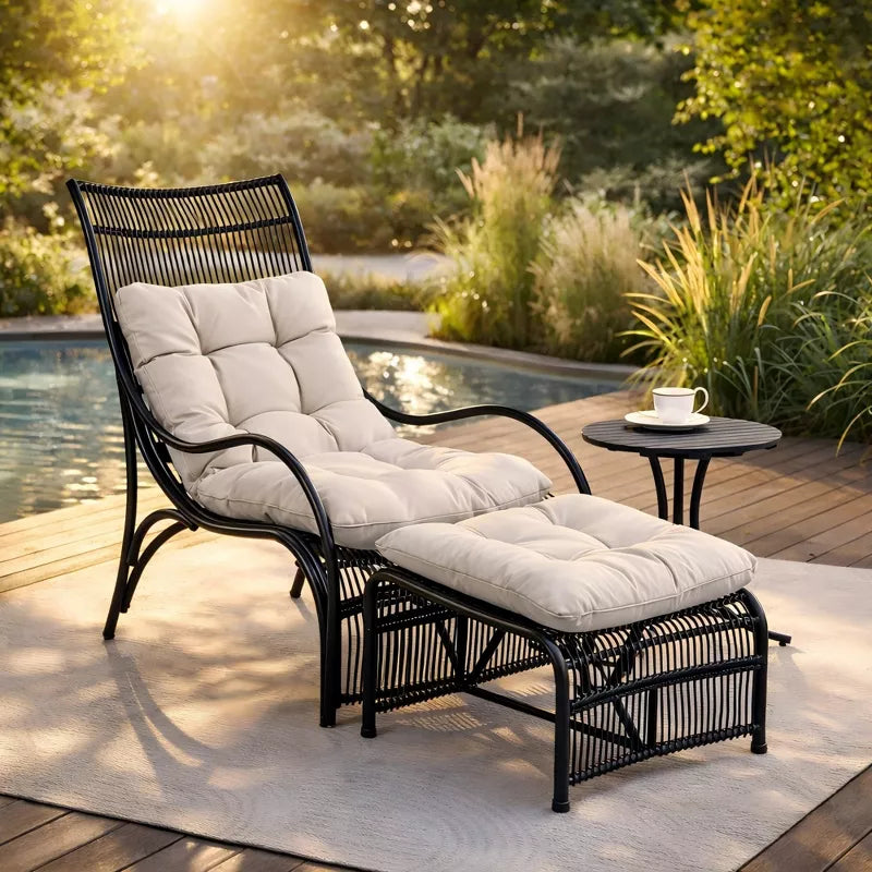 Outdoor Patio Lounge Set with Ottoman & Side Table, Wicker Chair with Cushions