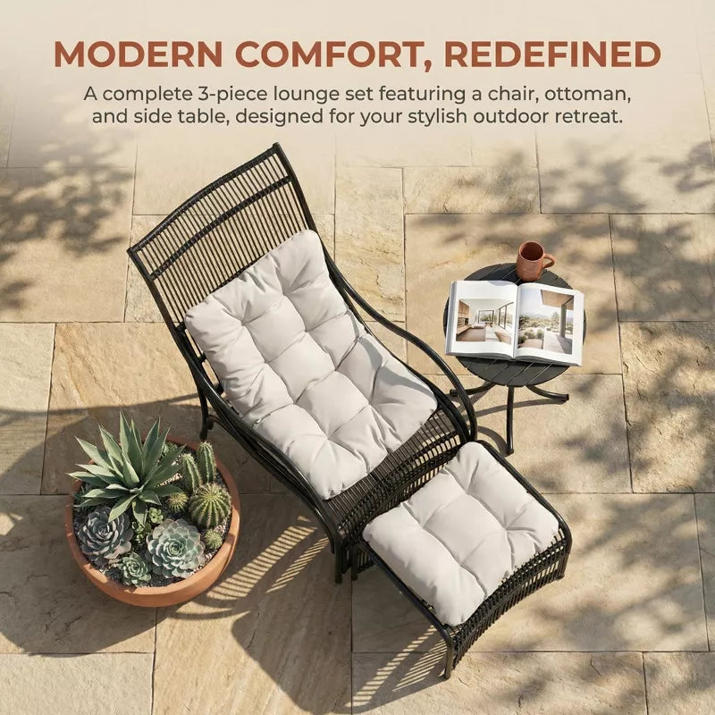 Outdoor Patio Lounge Set with Ottoman & Side Table, Wicker Chair with Cushions