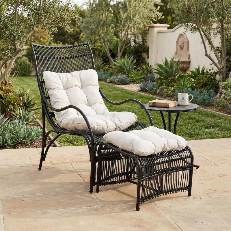 Outdoor Patio Lounge Set with Ottoman & Side Table, Wicker Chair with Cushions