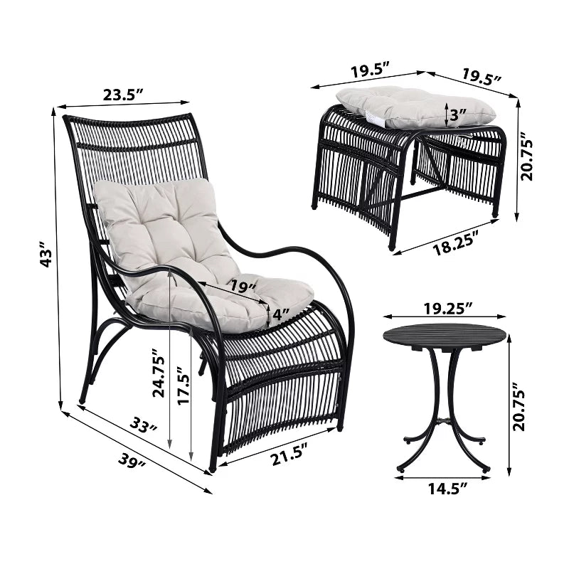 Outdoor Patio Lounge Set with Ottoman & Side Table, Wicker Chair with Cushions