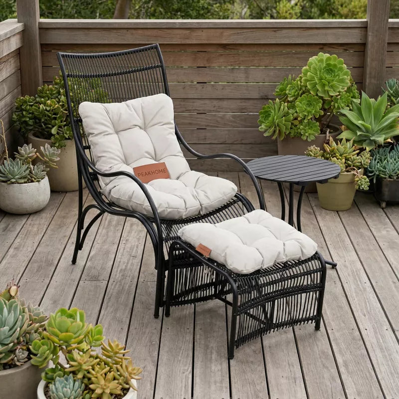 Outdoor Patio Lounge Set with Ottoman & Side Table, Wicker Chair with Cushions