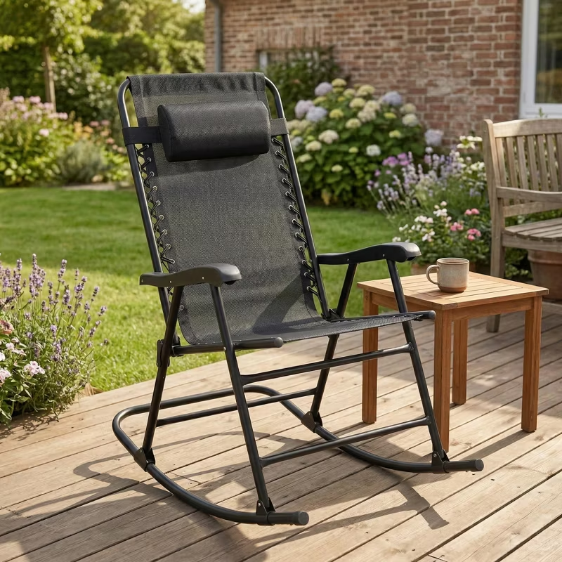 Set of 2 Folding Rocking Chairs with Headrest, Khaki Outdoor Patio Chairs, Comfortable Design, Steel Frame, Breathable Fabric