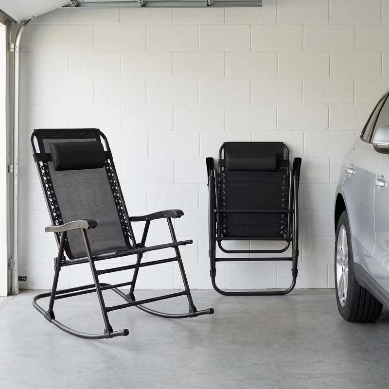 Set of 2 Folding Rocking Chairs with Headrest, Khaki Outdoor Patio Chairs, Comfortable Design, Steel Frame, Breathable Fabric