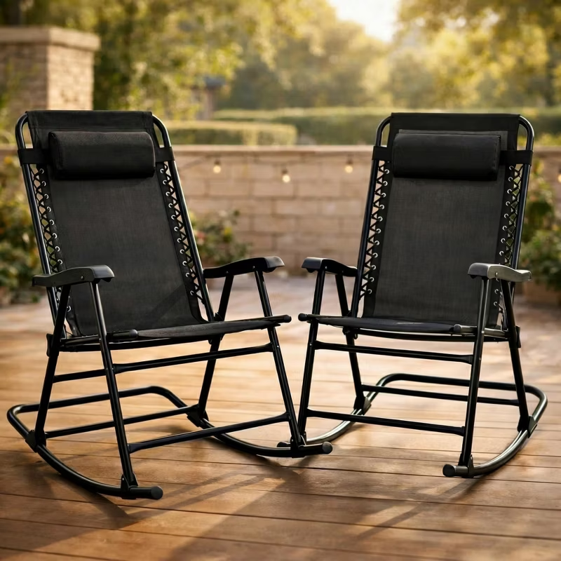 Set of 2 Folding Rocking Chairs with Headrest, Khaki Outdoor Patio Chairs, Comfortable Design, Steel Frame, Breathable Fabric