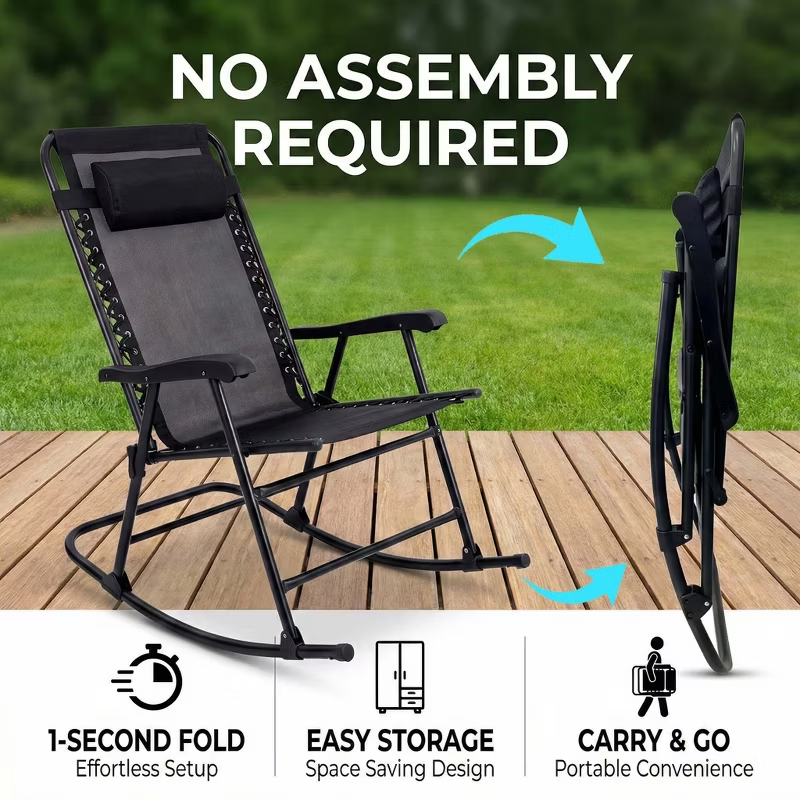Set of 2 Folding Rocking Chairs with Headrest, Khaki Outdoor Patio Chairs, Comfortable Design, Steel Frame, Breathable Fabric