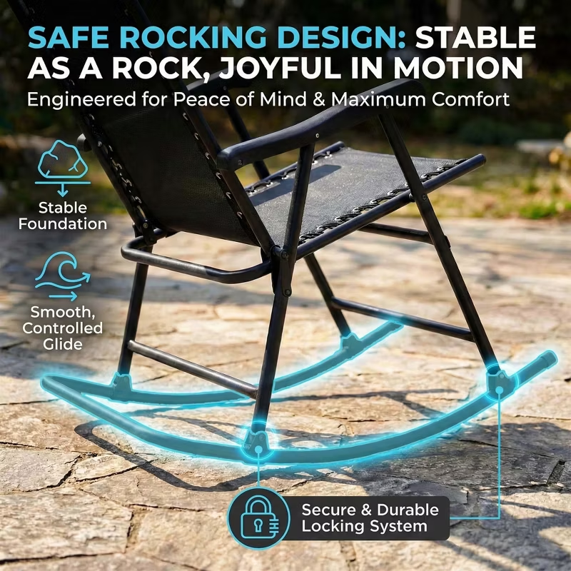 Set of 2 Folding Rocking Chairs with Headrest, Khaki Outdoor Patio Chairs, Comfortable Design, Steel Frame, Breathable Fabric