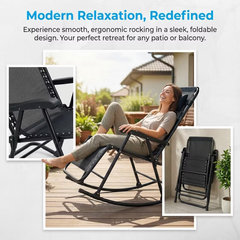 Set of 2 Folding Rocking Chairs with Headrest, Khaki Outdoor Patio Chairs, Comfortable Design, Steel Frame, Breathable Fabric