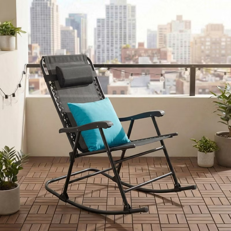 Set of 2 Folding Rocking Chairs with Headrest, Khaki Outdoor Patio Chairs, Comfortable Design, Steel Frame, Breathable Fabric
