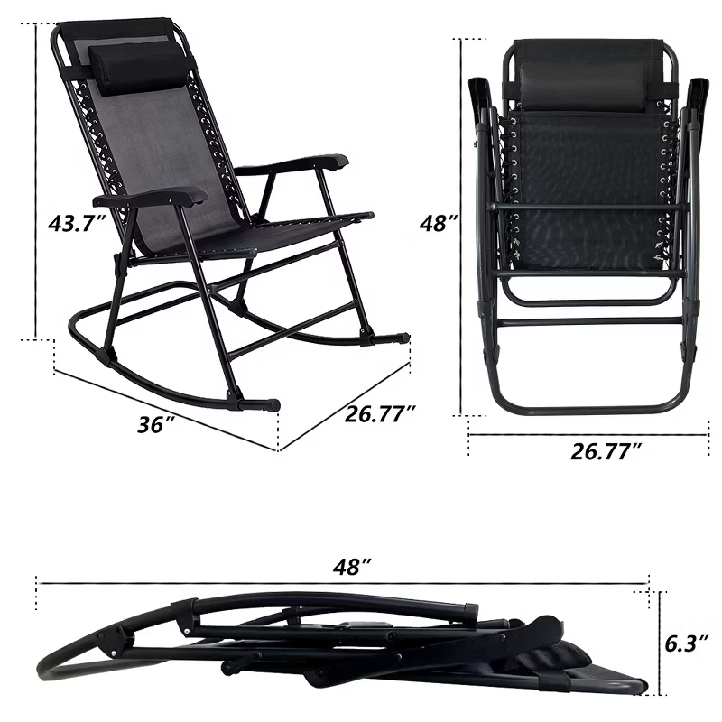Set of 2 Folding Rocking Chairs with Headrest, Khaki Outdoor Patio Chairs, Comfortable Design, Steel Frame, Breathable Fabric