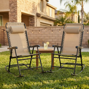 Set of 2 Folding Rocking Chairs with Headrest, Khaki Outdoor Patio Chairs, Comfortable Design, Steel Frame, Breathable Fabric